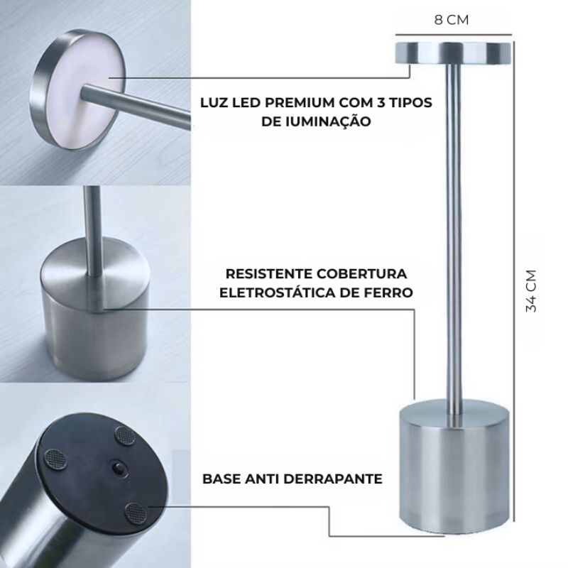 Luminária de Mesa em Led Recarregável Prata Modelo Orbi