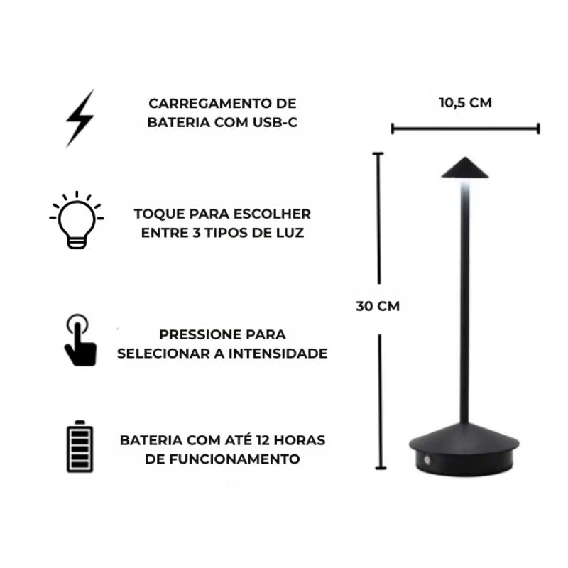 Luminária de Mesa em Led Recarregável Preta Modelo Vellum